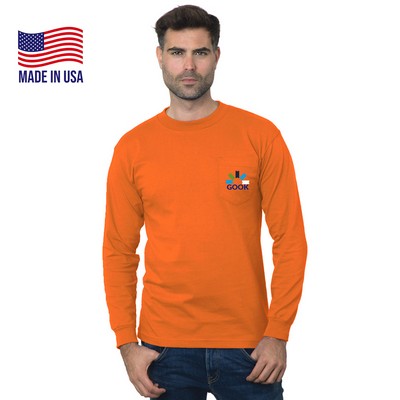 USA Union Made Pre-Shrunk Long Sleeve Pocket Crew Tee Shirt