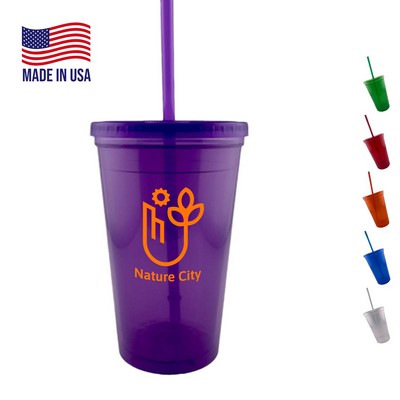 Tumbler with lid and Straw USA made 16 oz double wall