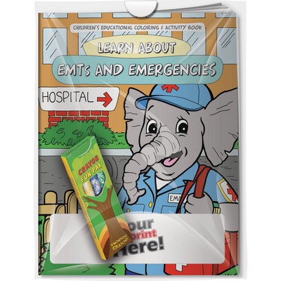 Combo Pack - "Learn About EMTs and Emergencies" Coloring Book & 4-Pack of Crayon in a Poly Bag