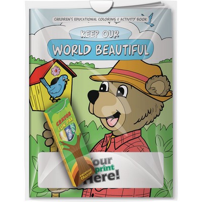Combo Pack - "Keep Our World Beautiful" Coloring Book & 4-Pack of Crayon (Imprinted) in a Poly Bag