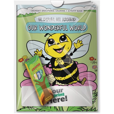 Combo Pack -"Up, Down, All Around:Our Wonderful World" Coloring Book & 4-Pack of Crayon (Imprinted)