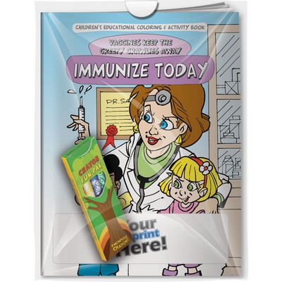 "Vaccines Keep the Creepy Crawlies Away: Immunize Today" Coloring Book & 4-Pack of Crayon Imprinted
